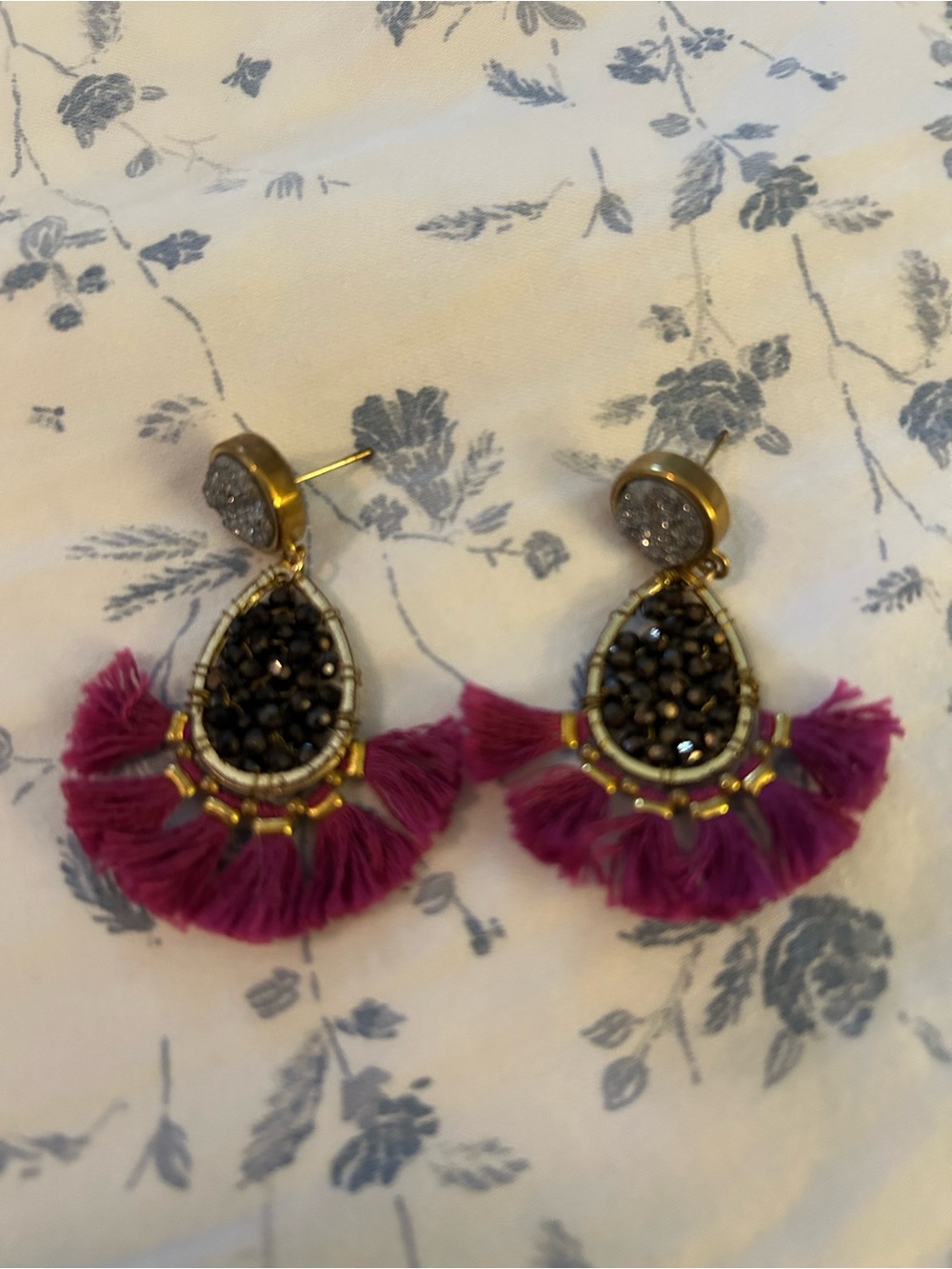 Gold Teardrop Tassel Earrings with Magenta Fringe